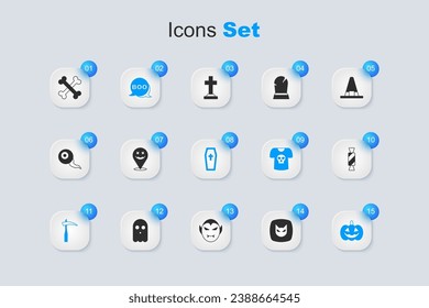 Set Black cat, Happy Halloween holiday, Boo speech bubble, Scythe, Pumpkin, Candy, Crossed bones and Coffin with christian cross icon. Vector