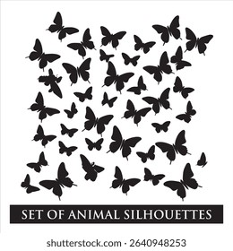 Set of black cat, horse, birds, elephant, butterfly, tiger ,lion, animal silhouettes.