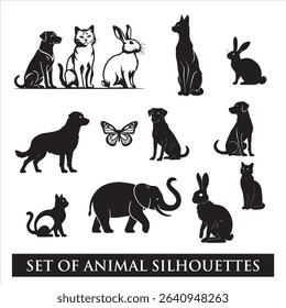 Set of black cat, horse, birds, elephant, butterfly, tiger ,lion, animal silhouettes.