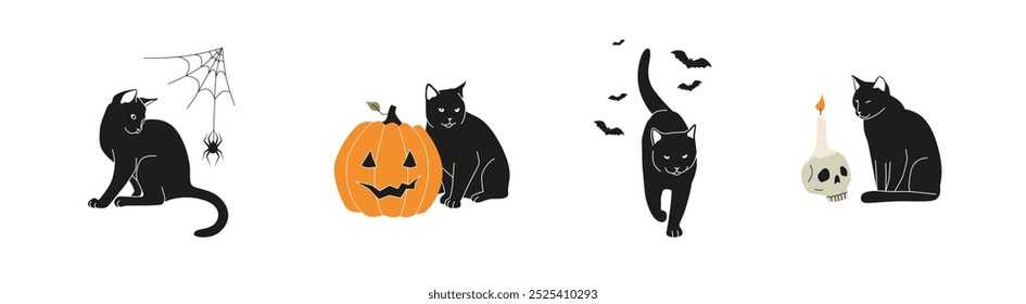 Conjunto de ilustrações de gato preto para a celebração do Dia das Bruxas. Felino com abóbora esculpida, teia de aranha e outras decorações em vetor sobre fundo branco