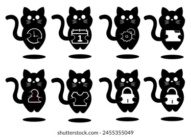 Set von Black Cat, Mobil oder Website Vektorgrafik Icon Set; Uhr, Kalender, Einstellung, Dateimanager, Benutzer, Thema, Sperren, Entsperren, isoliert auf weißem Hintergrund
