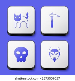 Set Black cat, Scythe, Skull and Devil head icon. White square button. Vector