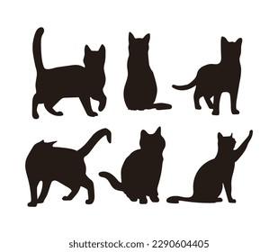 A set of black cat silhouette illustrations doing various movements.