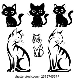 Set of black cat silhouettes.