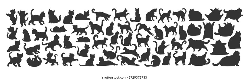 Conjunto de siluetas de gato negro. Siluetas de lindos gatos pequeños, adultos y gordos. Ilustración vectorial