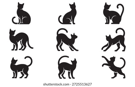 set of black cat silhouettes in different poses