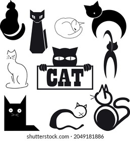 Set of black cat silhouettes isolated on white blackground. Different Hand drawn vector illustration, badges, stickers, doodle, label, icon.