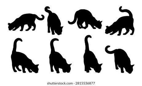 Set of black cat silhouettes showcasing different postures and movements, ideal for design, decoration, and creative projects.