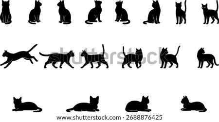 Set of black cat silhouettes in sitting and resting poses. Vector illustration of domestic cats in different relaxed positions. Perfect for logos, pet designs, prints, and creative projects.