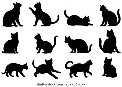 Set of black cat silhouettes in various playful and sitting poses. Perfect for pet-themed designs, logos, decorations, and vector illustrations. Ideal for creative projects and graphic design.