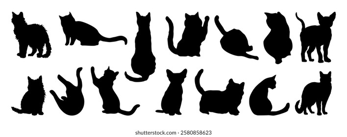 Set of black cat silhouettes in various poses. Scene is playful and whimsical, as the cats appear to be engaged in different activities such as playing, stretching. Flat vector illustration isolated