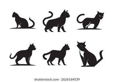 Set of Black Cat Silhouettes in Various Poses