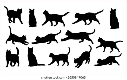 Set of Black Cat Silhouettes in Various Poses, A collection of simple, elegant black cat silhouettes in various dynamic poses.