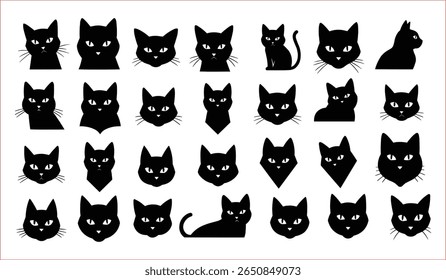 Set of Black Cat Silhouettes in Various Poses, A collection of simple, stylized black cat silhouettes.