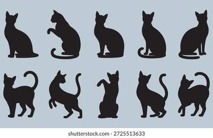 set of black cat silhouettes in various poses