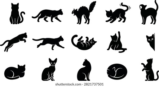 Set of black cat silhouettes in various poses and movements with silhouette