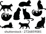 Set of black cat silhouettes vector in various poses playing walking and sitting