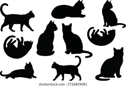 Set of black cat silhouettes vector in various poses playing walking and sitting