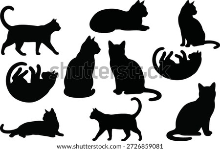Set of black cat silhouettes vector in various poses playing walking and sitting