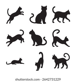 Set of black cat vector silhouettes depicting different feline postures like sitting, standing, leaping, and playful stretching. Perfect for animal-related graphics, web design
