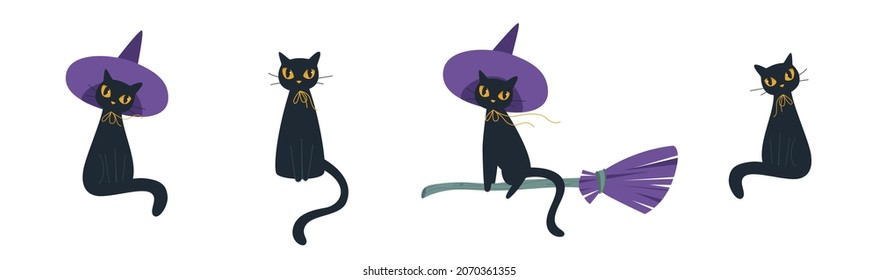 Un conjunto de gatos negros. Un gato con ojos ardientes te mira, usando un sombrero, en un palo de escoba. Hallowe'en. Los espíritus de los muertos vuelven a la tierra. Ilustración vectorial. Aislado sobre un fondo blanco.