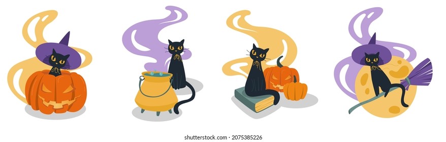 Set of black cats. A cat with burning eyes looks at you in a hat on a broomstick. The cat in the pumpkin. Brews a potion. The magic book and the moon. Vector illustration. Isolated on a white background