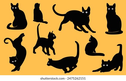 Set black cats. cat silhouette vector illustration collection. black silhouette on a white background showing various cat poses. ideal for pet themed designs