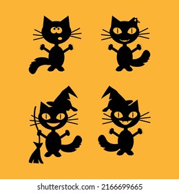 Set of black cats. Collection of cartoon cats for Halloween. Lovely playing black kittens. Vector illustration of pet pets. Logo of the cat.