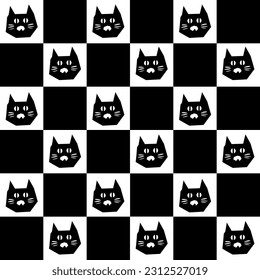 Set of black cats. Collection of cartoon cats. Vector illustration on black and white background. Tattoo.