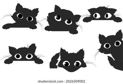 Set of black cats. Collection of kittens with big eyes. Stickers with pet in various poses. Design elements for printing on fabric and paper. Cartoon flat vector set isolated on white background