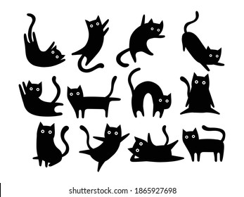 Conjunto de gatos negros. Colección de silueta de gatos graciosos en diferentes poses. Ilustración vectorial aislada en fondo blanco. Dibujar con niños.