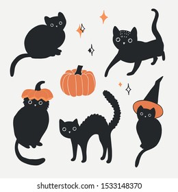 Set of black cats. Cute cats on Halloween. Hand drawn vector illustration