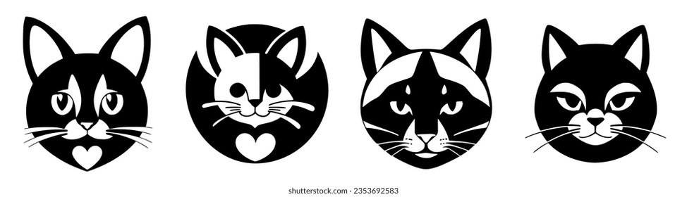 Set black cats with different faces on them'heads, smooth and clean vector curves, vector art, international typographic style. Cartoon avatar.