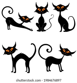 set of black cats in different poses with glowing eyes, vector isolated on a white background, Halloween