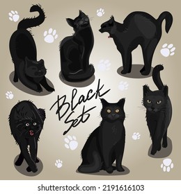 A set of black cats in different poses. Collection of cat sketches for Halloween. Perfectly playing black kittens. Vector illustration of pets. For children's illustrations, zoo products.