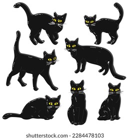 Un conjunto de gatos negros en diferentes poses para Halloween. Gatos de un sencillo estilo negro con rayas bajo luces retro. Una colección de elementos con diferentes emociones en un gato