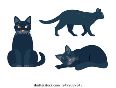 Set of Black Cats in different poses. Sitting, walking and sleeping cat icons. Cute pet animal. Vector illustration isolated on white background.