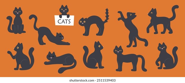 Conjunto de gatos negros en diferentes poses. Concepto de Halloween. Gatos de Halloween.