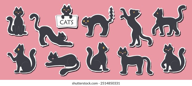 Set of black cats in different poses. Halloween concept. Halloween cats. Cats stickers.