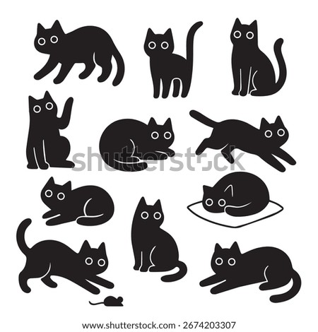 Set of black cats in different poses. Cute cartoon silhouette collection for Halloween, pet design, stickers, icons, decoration, t-shirt print and posters. Flat vector illustration of kittens