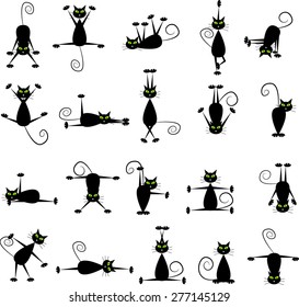 Set of black cats doing yoga and gymnastics.
