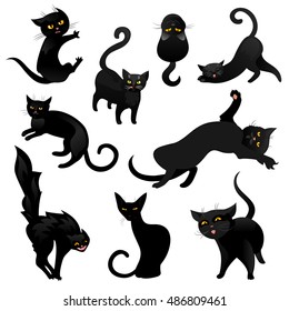 Set of black cats. Funny black cats isolated on a white background. Vector illustration.