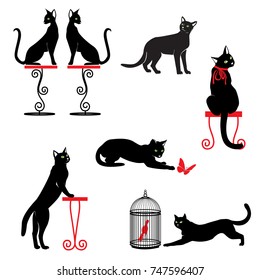 Set of black cats with green eyes and red accessories in different poses isolated on white background. Seamless vector illustration.