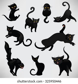 Set of black cats for Halloween. Funny black cats in cartoon style in different poses. Vector illustration.