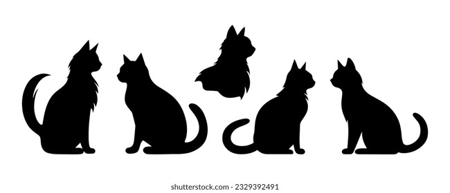 Set black cats, isolated on white background. Vector illustration, Halloween decorative elements. Feline silhouettes, black cat - for logo of homeless animal shelter. Animal theme.