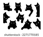 Set of black cats looking out the window. Collection of cartoon cats peeking of the corner. Funny peeking pets. Playful kitten. Vector illustration on white background.