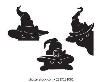 Set of black cats looking out from around the corner. Collection of cartoon cats peeking out in witch hats. Funny peeking halloween pets. Vector illustration isolated on white background.