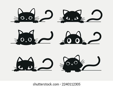 Set of black cats looking out the window. Collection of cartoon cats isolated