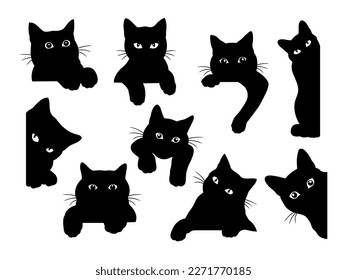 Set of black cats looking out the window. Collection of cartoon cats peeking of the corner. Funny peeking pets. Playful kitten. Vector illustration on white background.