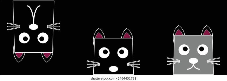 Set of black cats looking out the window. Collection of cartoon cats peeking out the window. Funny peeking pets. Vector illustration on white background. Tattoo. Eps10.